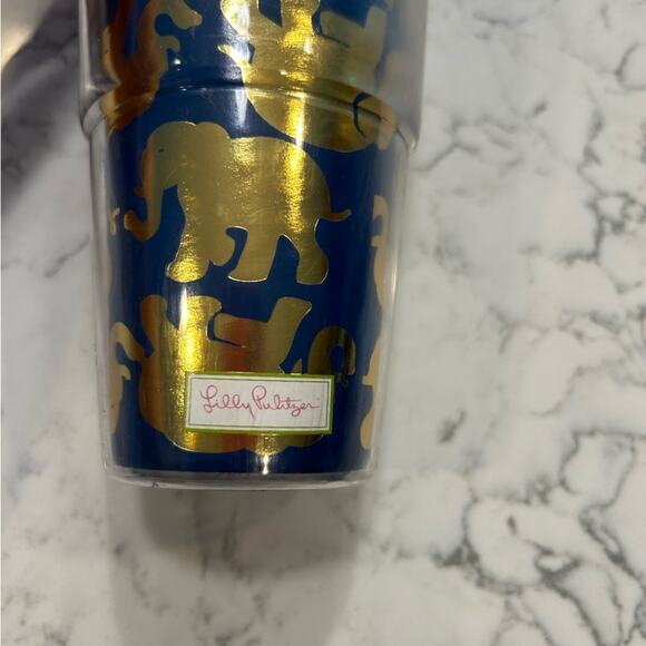 Lilly Pulitzer Blue & Gold Elephant Print Travel Mug Cup Tumbler - Picture 4 of 8